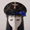 Berets Black Cross Gothic Lolita Military Hat Cap for Women Female Sailor Captain Flat Steampunk Carnival Halloween Hair Accessories 230609