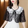 Women's Blouses TingYiLi Korean Cute Beaded Peter-Pan Neck Lace Cardigan Women Summer Black White Tie Front Bolero Jacket Elegant Ladies