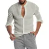 Hommes chemises habillées hommes coton lin Blouse été col rond manches longues bouton ample solide mâle chemise Blouse BSD-ZT170 230612