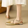 Sandaler Leshion of Chanmeb Women äkta läderpärlor klackar tvärbundna remmen Buckle Gold Silver Stängd tå Flat Sandal Shoe 40