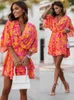 Casual Dresses Women Sexy V Neck Mini Dresses Summer Boho Casual Floral Print Batwing Sleeve Dresses Female Ruffle Beach Party Dress Vestidos Z0612