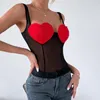 Regata Sexy Regata Feminina Roupas Femininas Red Love Patch Mesh Slim Camisole Y2k Tops Crop Bustier Ver Através Espartilho Transparente Aberto nas Costas