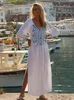 Casual Dresses 2023 Sexy Lace Up Plunging Neck Side Split Embroidered Kaftan Summer Dress White Tunic Women Beach Wear Maxi Q794