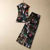 2023 Summer Black Floral Print Two Piece Pants Sets Sleeveless Stand Collar Panelled Top & High Waist Long Pants Suits Set Two Piece Suits S3L070601