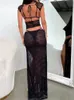 Two Piece Dress CHRONSTYLE Women Lace Mesh See Through 2pcs Skirts Sets Y2K Backless Laceup Tshirts Crop Tops Low Waist Split Clubwear 230612