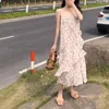 Casual Dresses French Platycodon's First Love Super Fairy Flower Halter Dress 2023 Summer V-neck Chiffon Mid-calf Chic Woman Lace Women