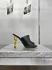 Europ tarzı sandal yüksek topuklu terlik kadın tasarımcı tarzı moda rhinestone mektup elmas dekorasyon, eksiksiz ambalaj yumuşak deri düğüm tasarım topuk