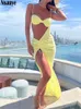 Casual Dresses Nsauye Women Elegant Sexy Cut Out Ruched Long Dresses Beach Party Soles Summer Outfits Split Drawstring Maxi Dress Club 2023 Z0612