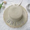 Wide Brim Chaps Summer Bride Straw tissage Chapeau Mariage avec Pearl Bride / Mme Lettre décous