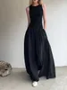 スポーティな黒い長いタンクドレス女性春夏oネックフロアレングスオフィスレディカジュアルポケットドレス