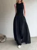 Sporty Black Long TankDress Woman Spring Summer O Neck Floor-length Office Lady Casual Pockets Dresses for Women