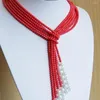 Chains Hand Knotted 5mm Red Coral 3rows Beads Shell Pearl Necklace 55inch Fashion Jewelry