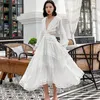 Casual Dresses 2023 Spring Summer European Design Vintage White Boho High Waist Empire Lace Dress Luxury Backless Ladies