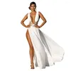 Casual Jurken Sexy Diepe V-hals Bruiloft Maxi-jurk 3D Bloemen Hoge splits Rood Wit Vloerlengte Bruidsmeisje Nachtclub Feestgewaad