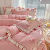 Bedding sets Pink Girl Bedding Set Luxury Princess Ruffle Bow Bed Linen Thicken Warm Washed Cotton Quilt Cover Sheet case Decor Bedroom Z0612
