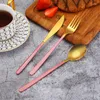 Zestawy zastawy stołowej 3PCS Black Gold Paint Cutlery Zestaw stolików 304 STALIM STAL STEL CILE SPOON CIFE VINTAGE Różowy obiad