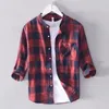 Men's Casual Shirts Mens Cotton Linen Plaid 3/4 Sleeve Shirt Men Stand Collar Flax Social Business Dress Male Tops Cloth TS-506