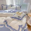 Bedding sets Pink Girl Bedding Set Luxury Princess Ruffle Bow Bed Linen Thicken Warm Washed Cotton Quilt Cover Sheet case Decor Bedroom Z0612