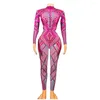 Stage Wear Rose Sparkly Sequin Jumpsuit Fashion Spandex Stretch Shining Dance Costume One-piece Bodysuit Nightclub Outfit Party Leggings