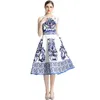 Casual Dresses Vintage Blue and White Porcelain Print Women Vest Midi Chic O-Neck Summer Semeless Slim High midja A-Line Tank Dress