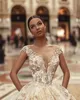 African Lace Wedding Dresses Sheer Neck Illusion Capped Sleeves Puffy Bridal Gowns With Back Covered Buttons Vestidos De Noiva