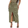 Rokken Mode Knoppen Hoge Taille Pure Kleur Enkellange Cargo Rok Vrouw Vintage Rechte Split Sexy Street Style Denim Lang