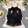 Casual Dresses Ins Fashion Women Princess Black Mini Dress Off Shoulders High midje Lace Patchwork Gothic Korean Party Vestidos SR560