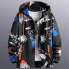 Men's Jackets Spring Autumn Polyester Men's Coat Hooded Long Sleeve Cardigan Pockets Loose Print Couples Fashion Casual