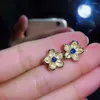 Studörhängen Blomma naturliga och riktiga safir S925 Sterling Silver Jewelry Women Blue