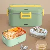 1 Set 110V + 12V/24V Electric Heater Lunch Box Food Heater 2 Compart Ments Leak Proof Portable Food Heating Lunch Set Including Box Sealing Ring Fork Spoon Insulation Bag