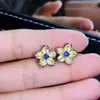 Stud Earrings Flower Natural And Real Sapphire S925 Sterling Silver Jewelry Women Blue