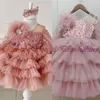 Flickklänningar Puffy Glitter Princess Dress Layers Party Flower 2023 Söt A-Line Baby First Communion