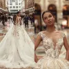 African Lace Wedding Dresses Sheer Neck Illusion Capped Sleeves Puffy Bridal Gowns With Back Covered Buttons Vestidos De Noiva