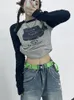 T-Shirt Femme T-Shirt Femme Slim Crop Top Rétro Élastique Pulls Mode Coréenne Imprimer Grunge Vintage T-Shirt À Manches Longues Y2k Patchwork Streetwear 230612