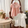 Mädchen Kleider Mädchen Kleid Sommer Neue Vintage Kurzarm Rose Stickerei Einfarbig Kinder Kleidung