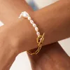 Link-Armbänder 18 Karat vergoldete Edelstahl-Armband-Halskette für Frauen Halbe Süßwasserperlenkette OT-Stick-Schnalle-Choker-Schmuck