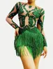 ارتداء المرحلة عرض الأداء ملابس ملهى ليلي مثيرة كريستال هامشات Leatard Leatard Sparkly Crystals Green Tassel Bodysuit Dance Costume