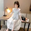 Girl's Dresses Kids Teenage Ruffles Neck Floral Embroidery White Sleeve Mesh Princess Long Dress Teens Girls Clothes