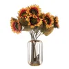 Dried Flowers Big sunflower branch with fake leaves artificial flowers for bedroom decoration artificiales