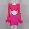 Dwuczęściowa sukienka Teger 2023 Fashion Feather Mesh Bandage Womens Peice Sets Blazer Mujer Top Mini Sexy Sukienki P230609