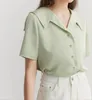 Women's Blouses Ladies Short Sleeve Button Up V-neck Green Shirt Large Size Xxl Women Summer Satin Chiffon Cute Sweet White Streetwear