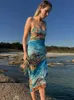 Casual Jurken Zomer Strand Print Vrouwen Jurk Sexy Backless Mouwloze Vakantie Stijl Vrouwelijke Jurken Bohemian Landschap Mesh Lady Vestidos Z0612