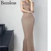 Vestidos Casuais Bazaleas 2023 Bodycon Fishtail Robe Vestido Malha Algodão Regata Maxi Longo Vestido Sereia Feminino Sem Mangas Esticado Básico