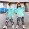 Kleidung Sets Kid Hip Hop Grün Top Casual Straße Brief Jogger Hosen Für Mädchen Jungen Jazz Dance Kostüm Kleidung Set