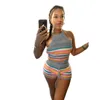 Summer Womens New Sweater Set Tracksuits Fashion Open Back Hanging Neck Top Wrapped Hip Tight Shorts Two Piece Outfits