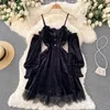 Casual Dresses Ins Fashion Women Princess Black Mini Dress Off Shoulders High midje Lace Patchwork Gothic Korean Party Vestidos SR560