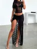 Two Piece Dress CHRONSTYLE Women Lace Mesh See Through 2pcs Skirts Sets Y2K Backless Laceup Tshirts Crop Tops Low Waist Split Clubwear 230612