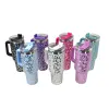 NEW 40oz Laser Holographic Leopard Tumbler Double Wall Stainless Steel Water Cup Car Mugs with Handle Wholesale