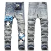 Calça jeans masculina com remendo bordado para motociclista ajuste fino para motociclista casual masculino