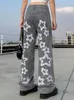 Damenjeans COZOK Star Print Gerade Frau Mode Gewaschene Taschen Genähte Streifen Grunge Streetwear Böden Denim Hosen Ästhetisch